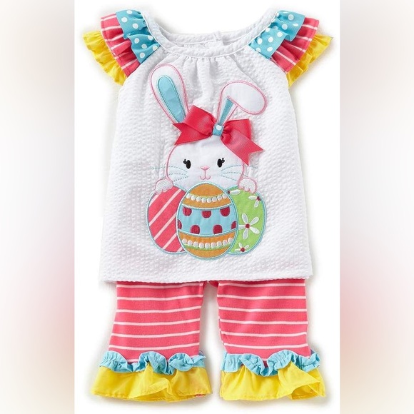 Rare Editions Baby Girls Easter Bunny Applique Top & Striped Leggings Set - Picture 1 of 7